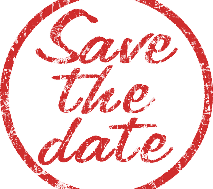 roter Kreis mit roter Schrift "Save the date"