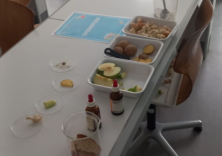 drei Schalen mit verschiedenen Früchten, zwei Fläschchen und zwei Messbecher