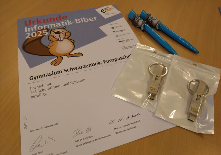 Bild der Teilnahmeurkunde am Informatik-Biber-Wettbewerb und den Preisen
