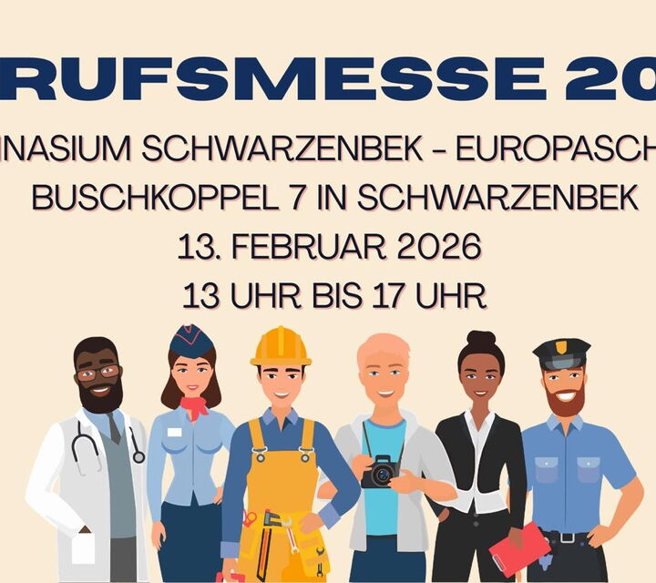Plakat für die Berufsmesse 2026 mit den Daten zur Veranstaltung und Menschen verschiedener Berufsgruppen im Vordergrund