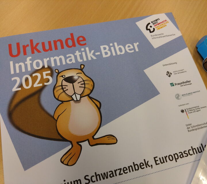 Nahaufnahme der Teilnahmeurkunde am Informatik-Biber-Wettbewerb
