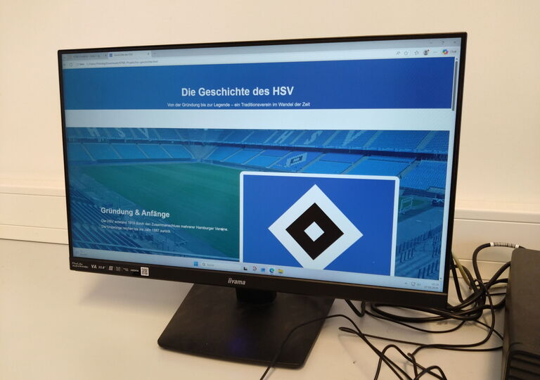 Bild eines Computermonitors, der eine programmierte Webseite zum Thema HSV zeigt