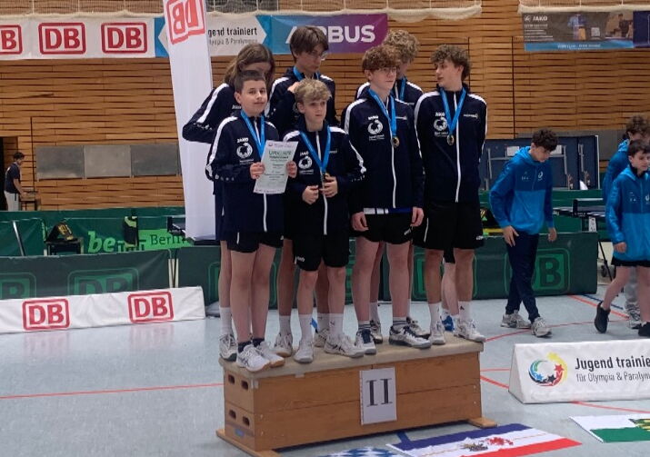 Sieben Schüler in dunkelblauen Sweatjacken stehen auf dem Podest für den 2. Platz