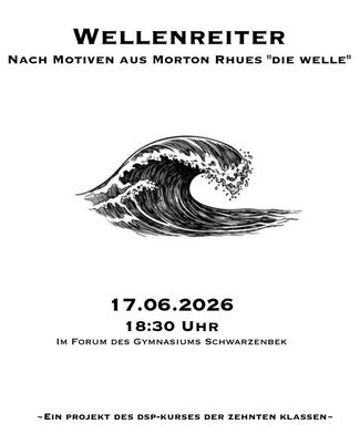 weißes Plakat mit dem Titel "Wellenreiter" und einer Meereswelle im Zentrum des Bildes