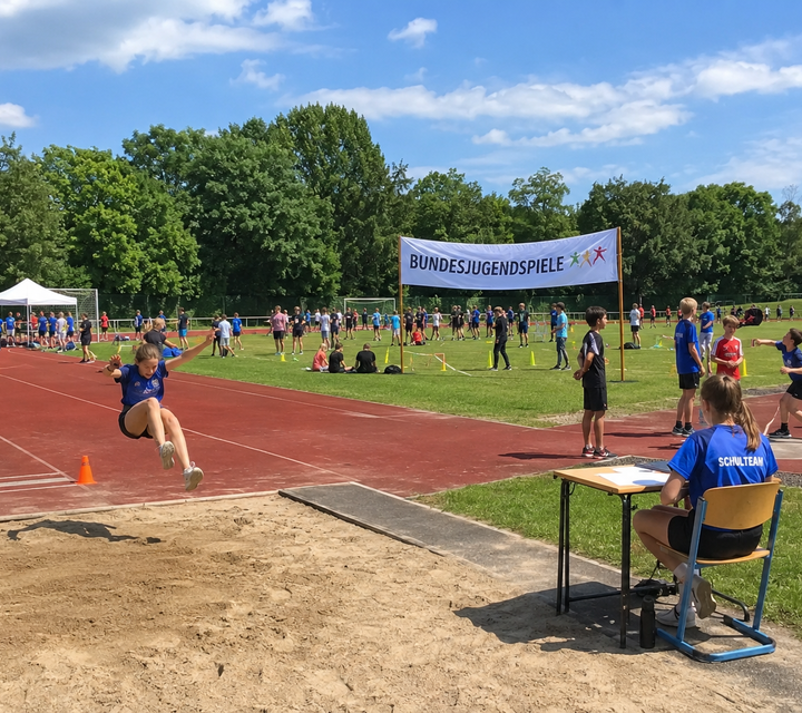 Bild einer Sprunggrube auf einem Sportplatz; ein Mädchen in blauem Trikot befindet sich im Sprung und ein zweites Mädchen notiert an einem Tisch sitzend die Sprungweite.