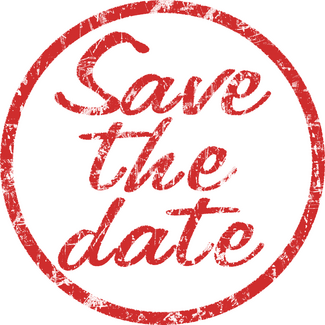 roter Kreis mit roter Schrift "Save the date"