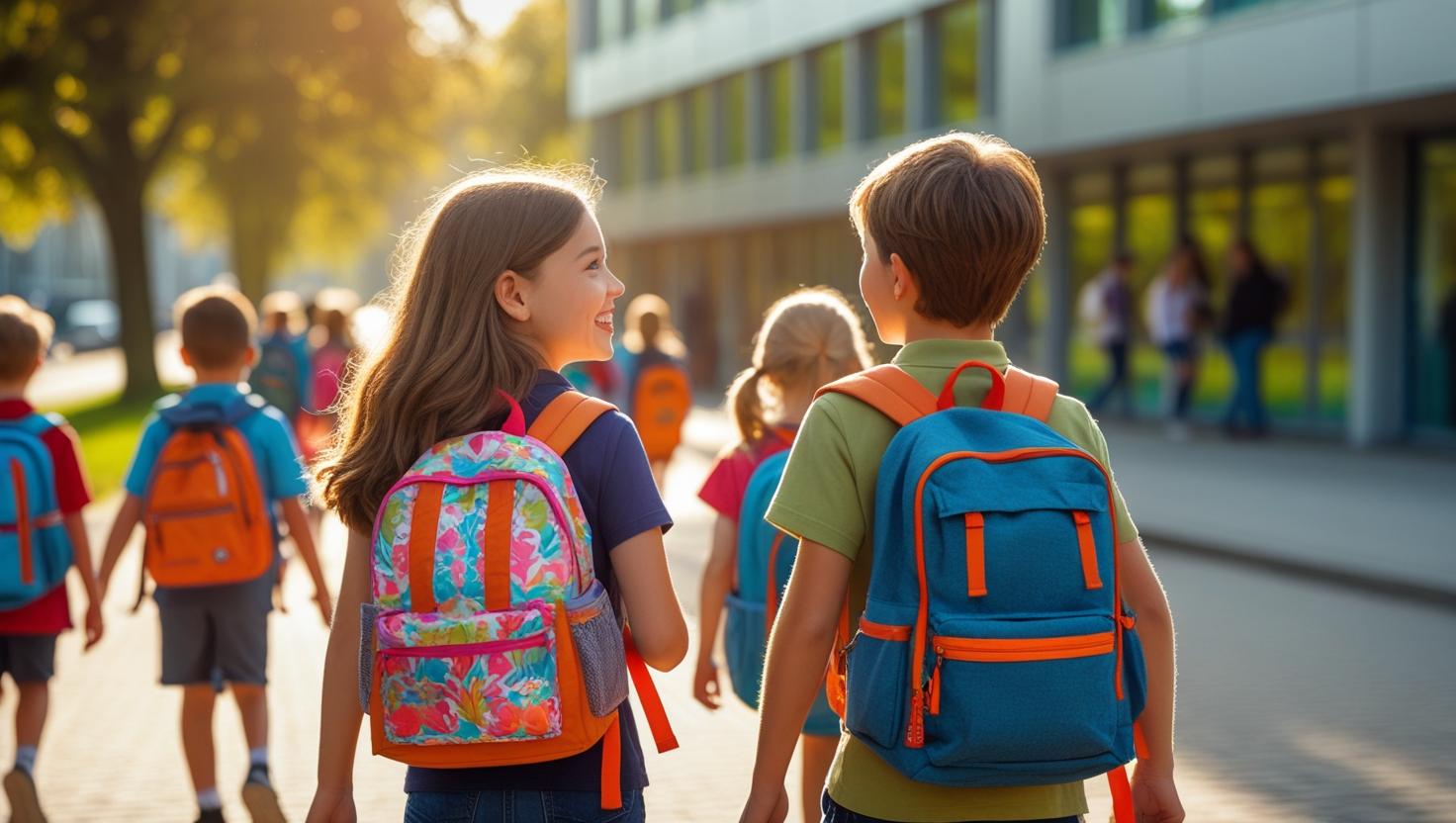 Schulstart Junge und Mädchen laufen zur Schule